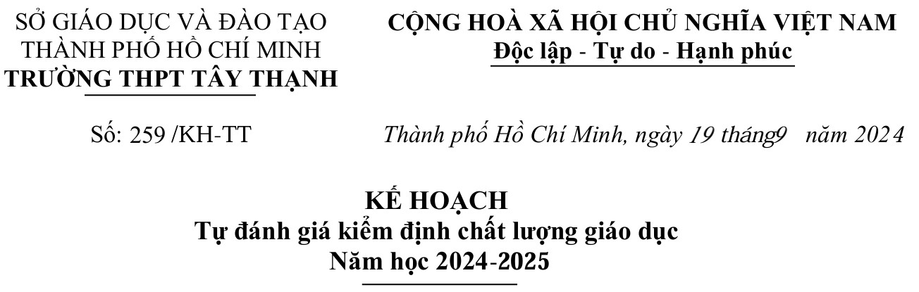 Kế hoạch tự đánh giá kiểm định chất lượng giáo dục năm học 2024-2025