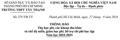 Thông báo thu học phí, các khoản thu khác và chế độ miễn, giảm học phí, hỗ trợ chi phí học tập Năm học 2024-2025