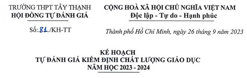 Kế hoạch tự đánh giá kiểm định chất lượng giáo dục năm học 2023-2024