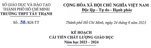 Kế hoạch cải tiến chất lượng giáo dục năm học 2023 – 2024