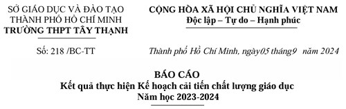 Báo cáo kết quả thực hiện Kế hoạch cải tiến chất lượng giáo dục năm học 2023-2024