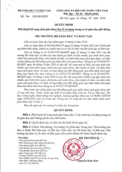 Quyết định phê duyệt bổ sung SGK lớp 12 sử dụng trong cơ sở giáo dục phổ thông của Bộ Giáo dục & Đào tạo