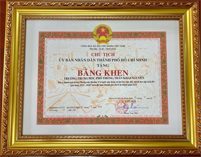 Trường thpt trần khai nguyên nhận bằng khen của chủ tịch ubnd thành phố vì đã có thành tích trong phong trào thi đua “cả nước xây dựng xã hội học tập, đẩy mạnh học tập suốt đời giai đoạn 2023-2030” trên địa bàn thành phố hồ chí minh năm 2023