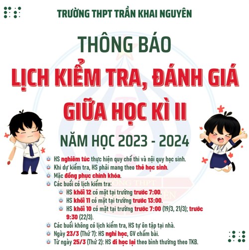 Lịch kiểm tra, đánh giá giữa học kì ii năm học 2023-2024