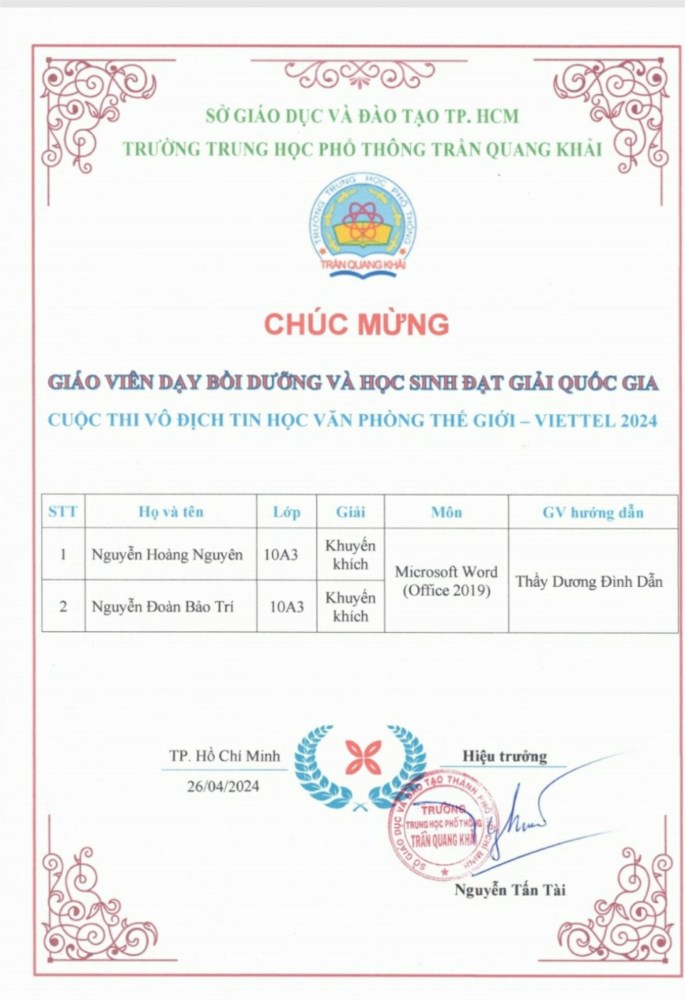 Chúc mừng giáo viên bồi dưỡng và học sinh đạt giải quốc gia cuộc thi vô địch tin học văn phòng thế giới Viettel 2024