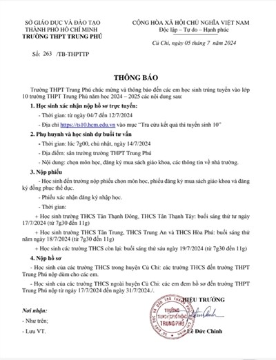 Thông báo số 3: Lịch họp phụ huynh và nộp hồ sơ