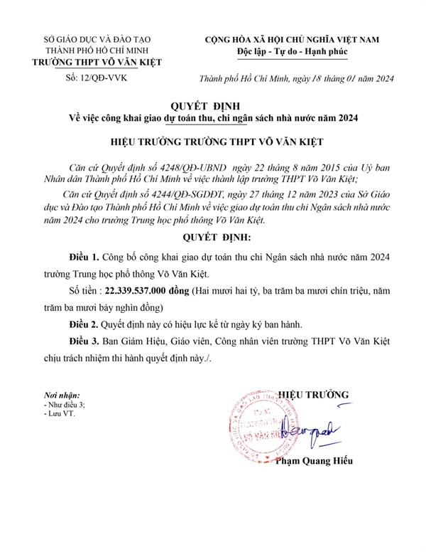 QUYẾT  ĐỊNH Về việc công khai giao dự toán thu, chi ngân sách nhà nước năm 2024
{ HIỆU TRƯỞNG TRƯỜNG THPT VÕ VĂN KIỆT }