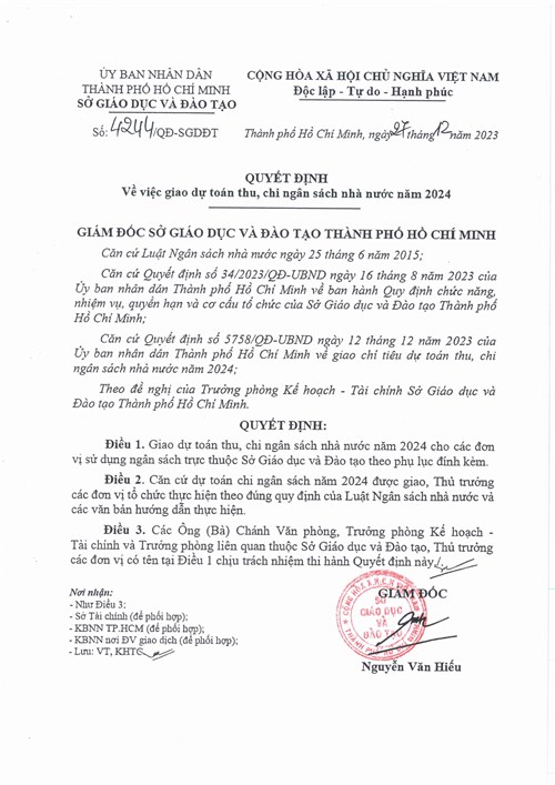 QUYỂT ĐỊNH về việc giao dự toán thu, chi ngân sách nhà nước năm 2024