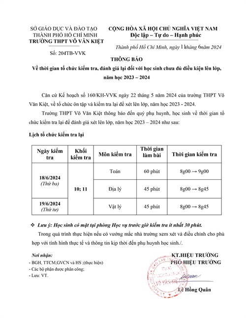 THÔNG BÁO Về thời gian tổ chức kiểm tra, đánh giá lại đối với học sinh chưa đủ điều kiện lên lớp, năm học 2023 – 2024