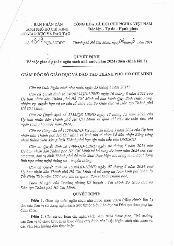 Quyết định về việc giao dự toán ngân sách nhà nước năm 2024 (điều chỉnh lần 2 )