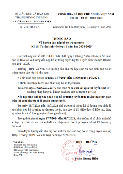 THÔNG BÁO Về hướng dẫn nộp hồ sơ trúng tuyển Kỳ thi Tuyển sinh vào lớp 10 năm học 2024-2025