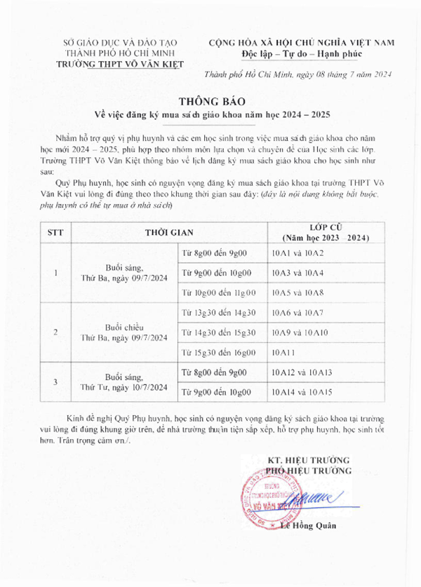 THÔNG BÁO Về việc đăng ký mua sách giáo khoa năm học 2024-2025