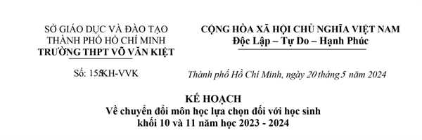 KẾ HOẠCH Về chuyển đổi môn học lựa chọn đối với học sinh khối 10 và 11 năm học 2023 - 2024