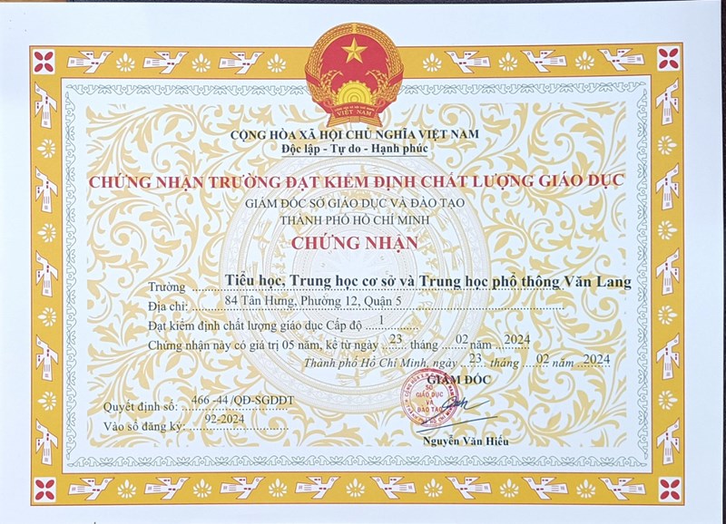 [Trường phổ thông Văn Lang] Công khai kết quả kiểm định chất lượng giáo dục 5 năm, năm 2023