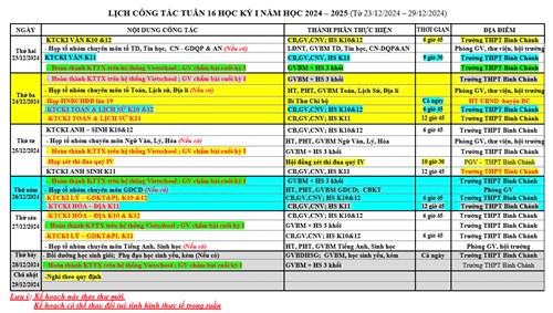 Kế hoạch công tác tuần 16 HKI năm học 2024 - 2025.