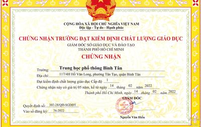 Giấy chứng nhận Kiểm định chất lượng Giáo dục cấp độ 1