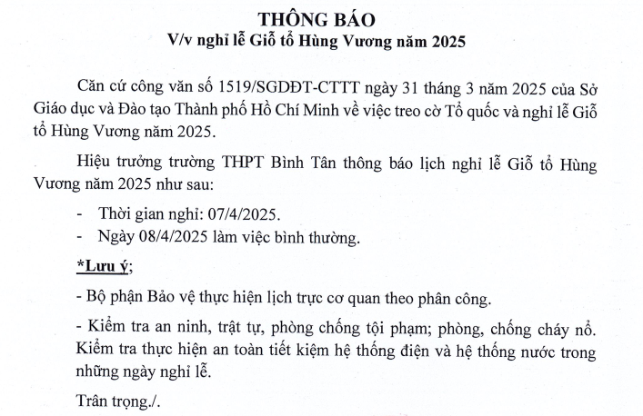 Thông báo nghỉ Lễ Giỗ tổ Hùng Vương năm 2025