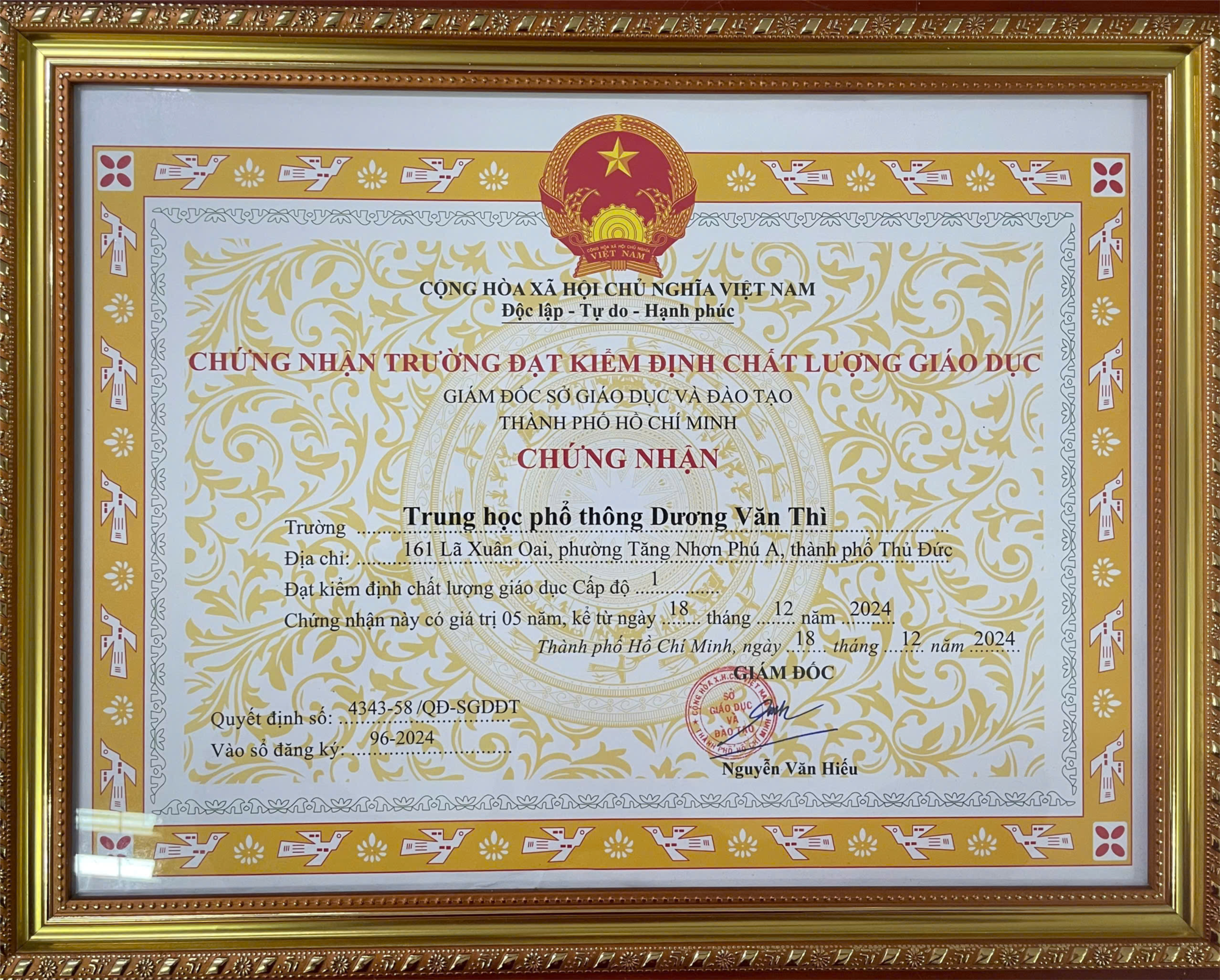 Quyết định công nhận Trường THPT Dương Văn Thì đạt kiểm định chất lượng giáo dục cấp độ I