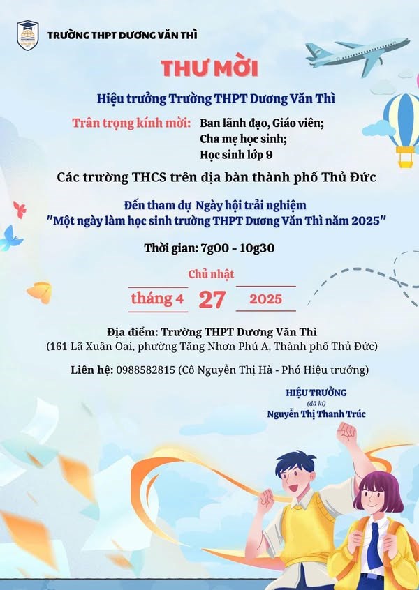 Lịch chào đón  Một ngày làm học sinh Trường THPT Dương Văn Thì 2025 