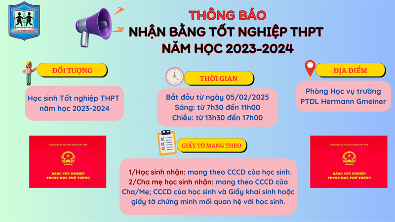 Thông báo nhận bằng Tốt nghiệp THPT năm học 2023-2024.