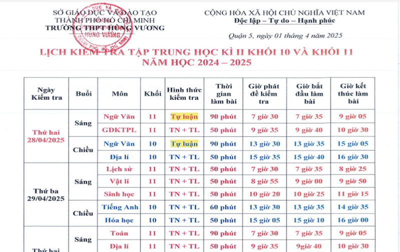 Lịch kiểm tra Học kỳ 2 tập trung Khối 10 - 11