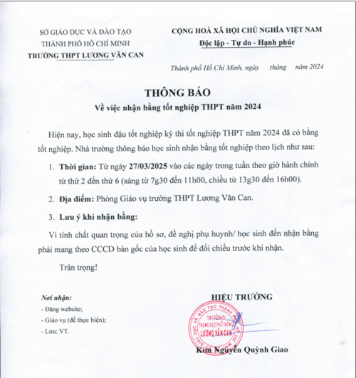 Thông báo nhận bằng tốt nghiệp trung học phổ thông năm 2024