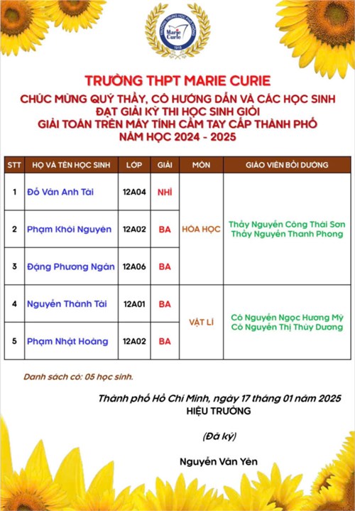 Chúc mừng Thầy trò trường THPT Marie Curie đạt giải Kỳ thi học sinh giỏi giải toán nhanh trên máy tính cầm tay năm học 2024 - 2025!