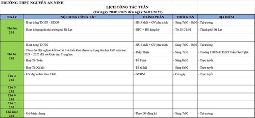 Lịch công tác tuần ngày 20/01/2025-26/01/2025