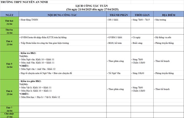 Lịch công tác tuần 21/04/2025 - 27/04/2025