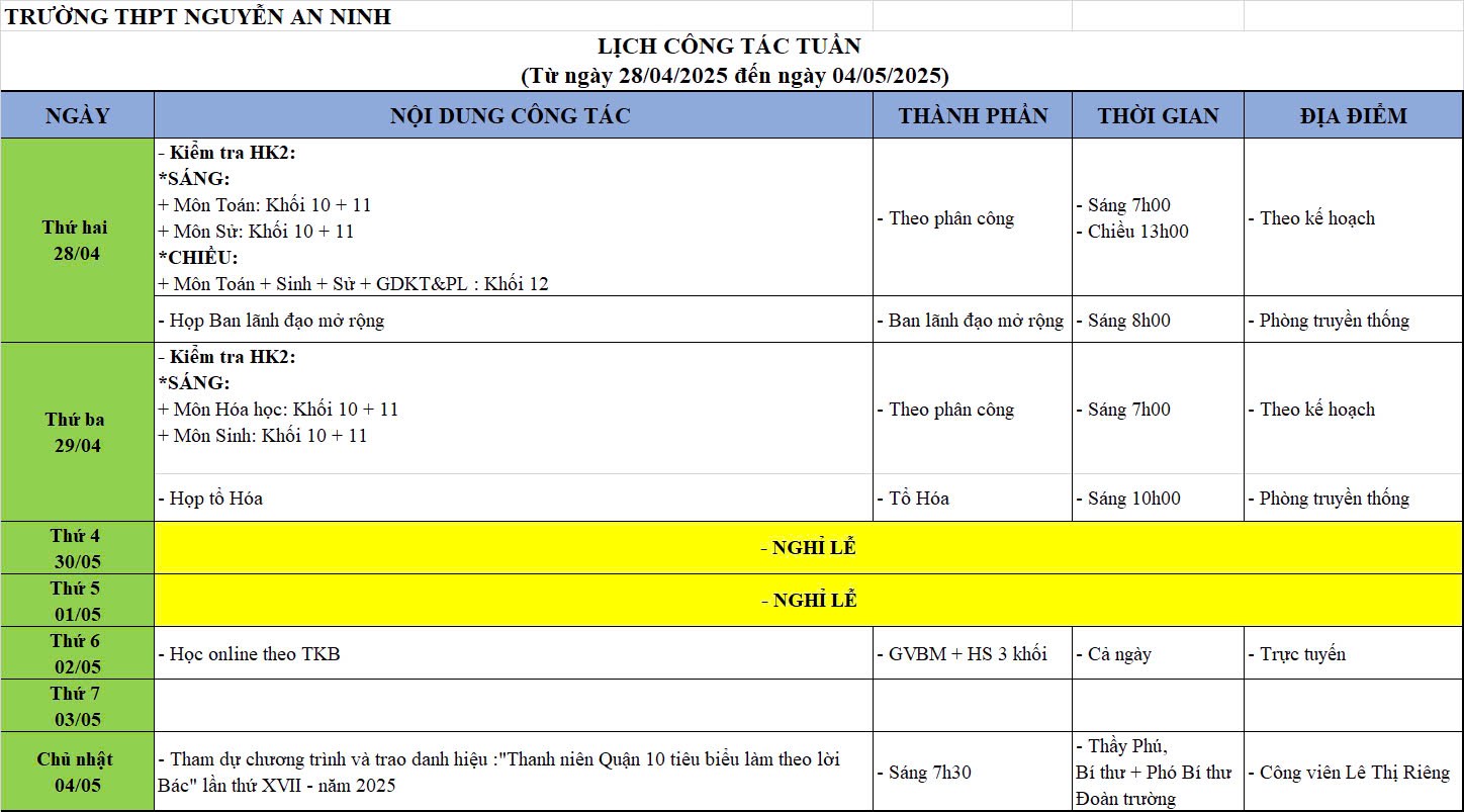 Lịch công tác tuần 28/04/2025 - 04/05/2025