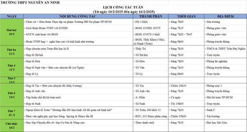 Lịch công tác tuần: ngày 17/02/2025 - 23/02/2025