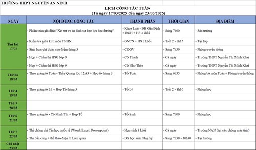 Lịch công tác tuần ngày 17/03/2025 - 23/03/2025