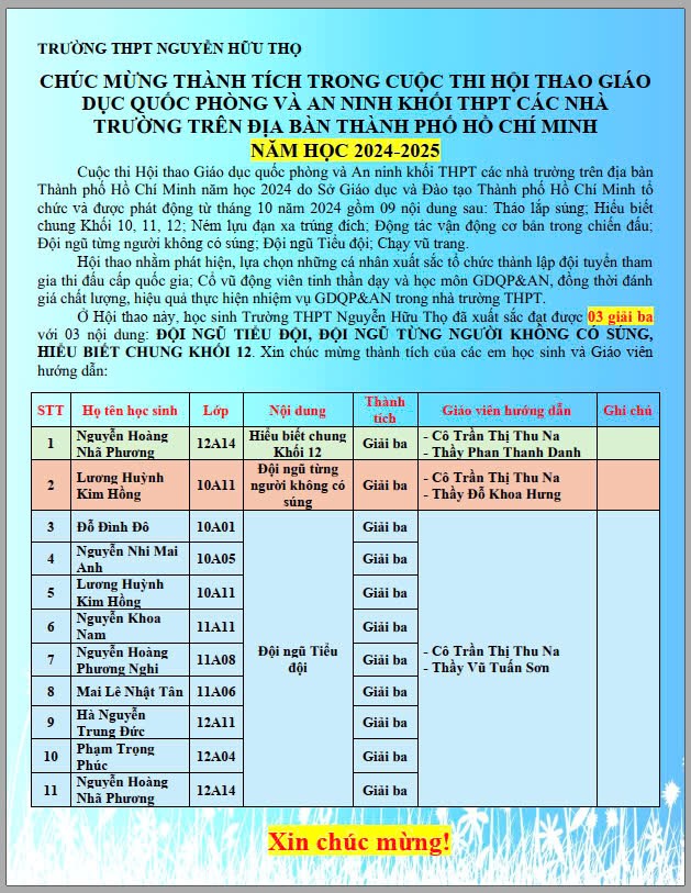 Hội thao Giáo dục quốc phòng và An ninh khối THPT các nhà trường trên địa bàn Thành phố Hồ Chí Minh năm học 2024 do Sở Giáo dục và Đào tạo Thành phố Hồ Chí Minh tổ chức