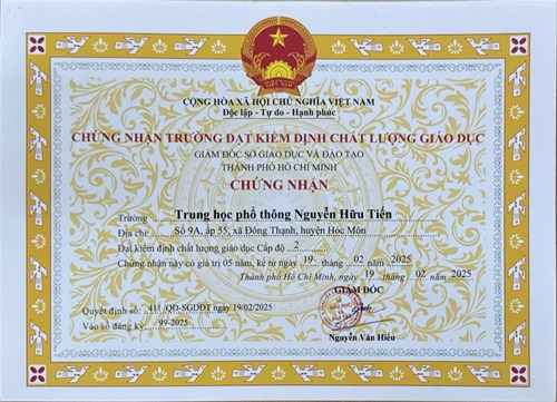 Chứng nhận trường THPT Nguyễn Hữu Tiến đạt kiểm định chất lượng giáo dục Cấp độ 2