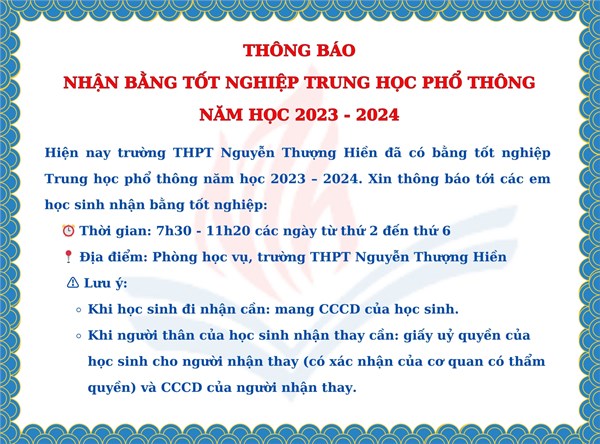 Thông báo về việc nhận bằng tốt nghiệp trung học phổ thông năm học 2023 - 2024