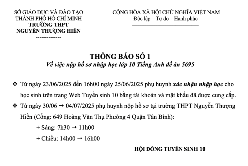 THÔNG BÁO SỐ 1 - Về việc nộp hồ sơ nhập học lớp 10 Tiếng Anh đề án 5695 Năm học 2025 - 2026