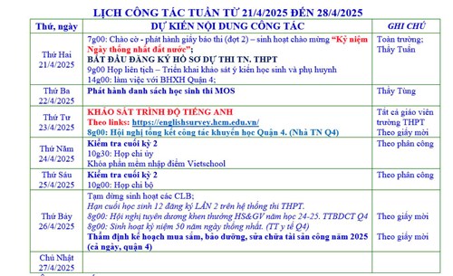 Lịch công tác từ 21/4/2025 đến 28/04/2025