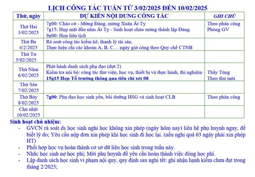 Lịch công tác tuần từ 3/02/2025 đến 10/02/2025