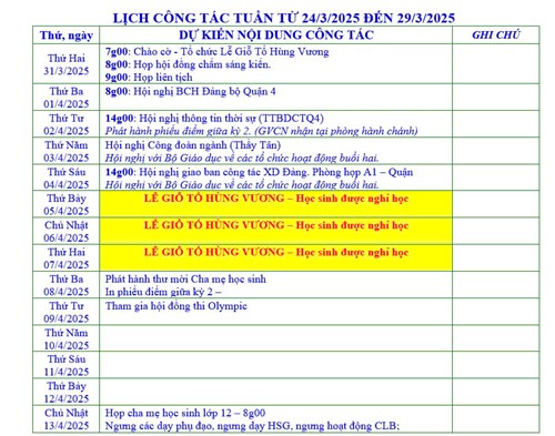 Lịch công tác tuần từ 31/3/2025 đến 6/4/2025