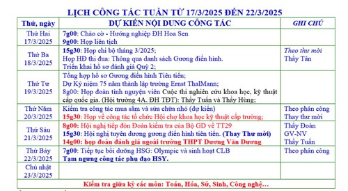 Lịch công tác tuần từ 17/3/2025 đến 23/3/2025