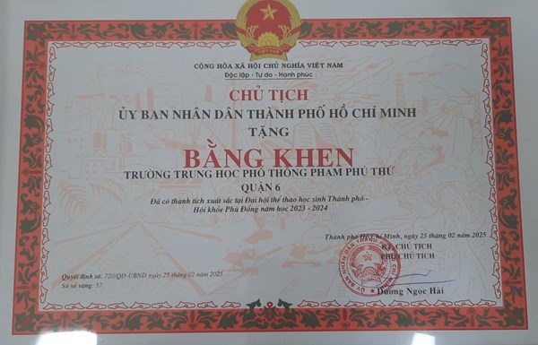 Bằng khen thành tích xuất sắc đại hội thể thao học sinh thành phố - hội khỏe phù đổng năm học 2024-2025