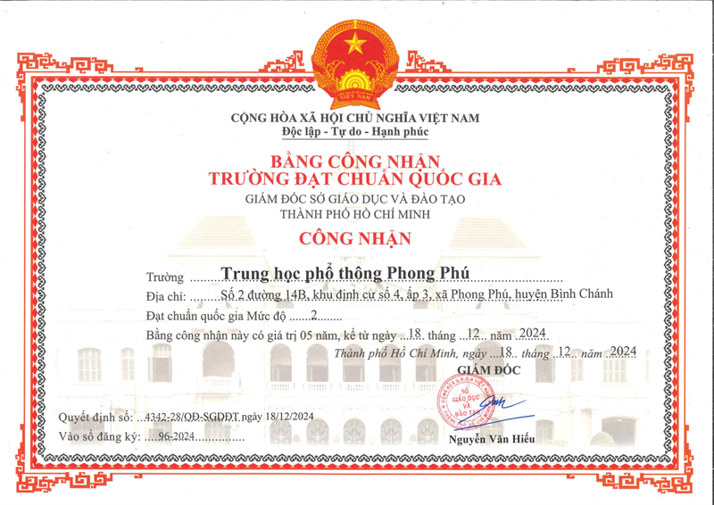 Bằng Công nhận Trường THPT Phong Phú đạt chuẩn Quốc gia mức độ 2