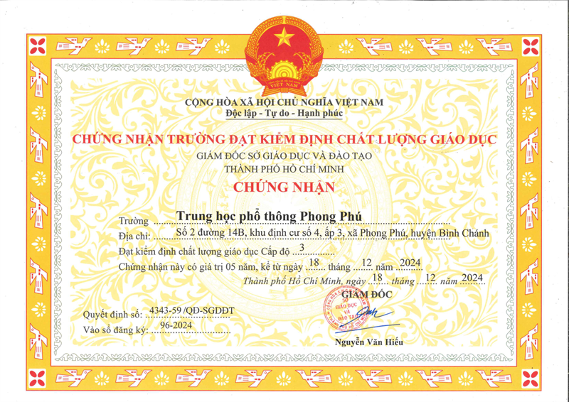 Giấy chứng nhận Trường THPT Phong Phú đạt chuẩn Quốc gia cấp độ 3