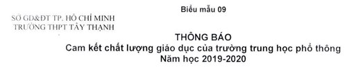 Thông báo cam kết chất lượng giáo dục thực tế của trường trung học phổ thông Tây Thạnh Năm học 2019-2020