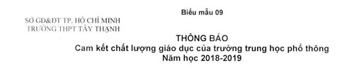 Thông báo cam kết chất lượng giáo dục thực tế của trường trung học phổ thông Tây Thạnh Năm học 2018-2019