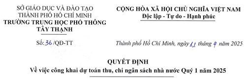 Quyết định về việc công khai dự toán thu, chi ngân sách nhà nước Quý 1 năm 2025