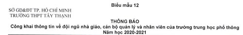 Công khai thông tin về đội ngũ Nhà giáo, Cán bộ quản lý và nhân viên Năm học 2020-2021