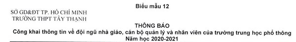 Công khai thông tin về đội ngũ Nhà giáo, Cán bộ quản lý và nhân viên Năm học 2020-2021