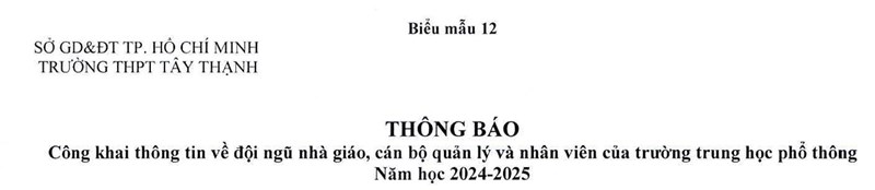 Công khai thông tin về đội ngũ Nhà giáo, Cán bộ quản lý và nhân viên Năm học 2024-2025