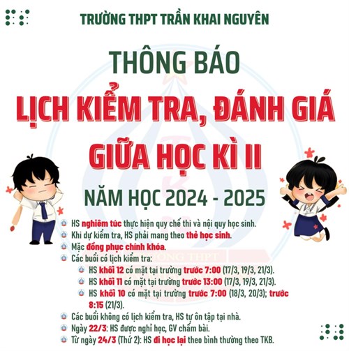 Lịch kiểm tra, đánh giá giữa học kì ii năm học 2024-2025